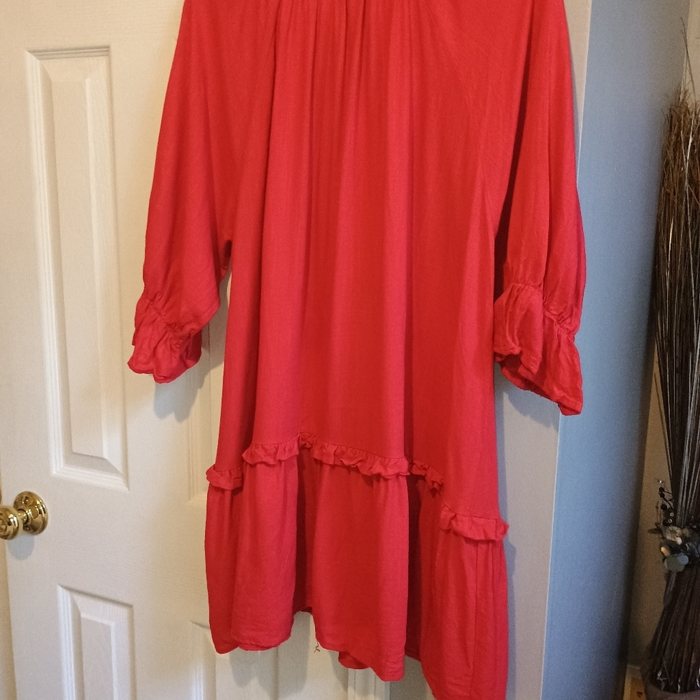 M Shopthemint Women’s Size M Red Linen Cotton Ruffle Peasant Tunic Dress Boho - Picture 11 of 13
